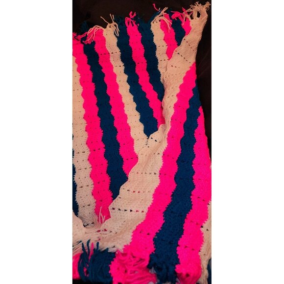 Crochet Striped Baby Blanket gPink/Blue/White With Tassels NEW 45X38 - Picture 2 of 10